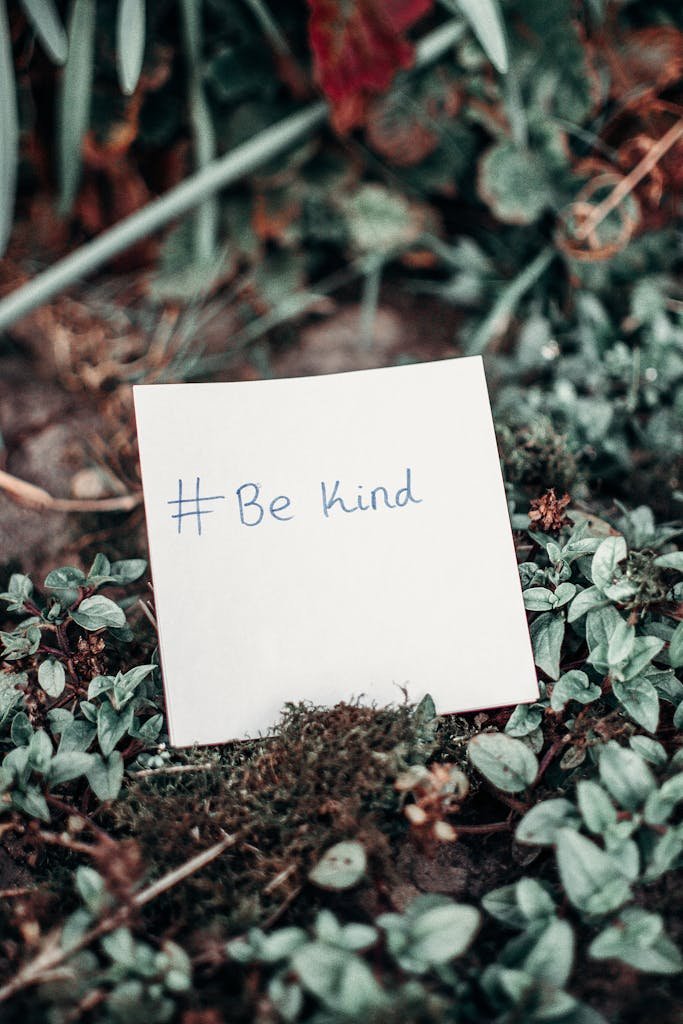 Close-up of an inspirational note with 'Be Kind' hashtag placed on lush green grass.
